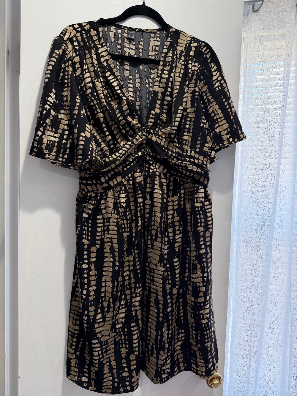 SHEIN Black Dress with Tan Abstract Print, Knot-Front